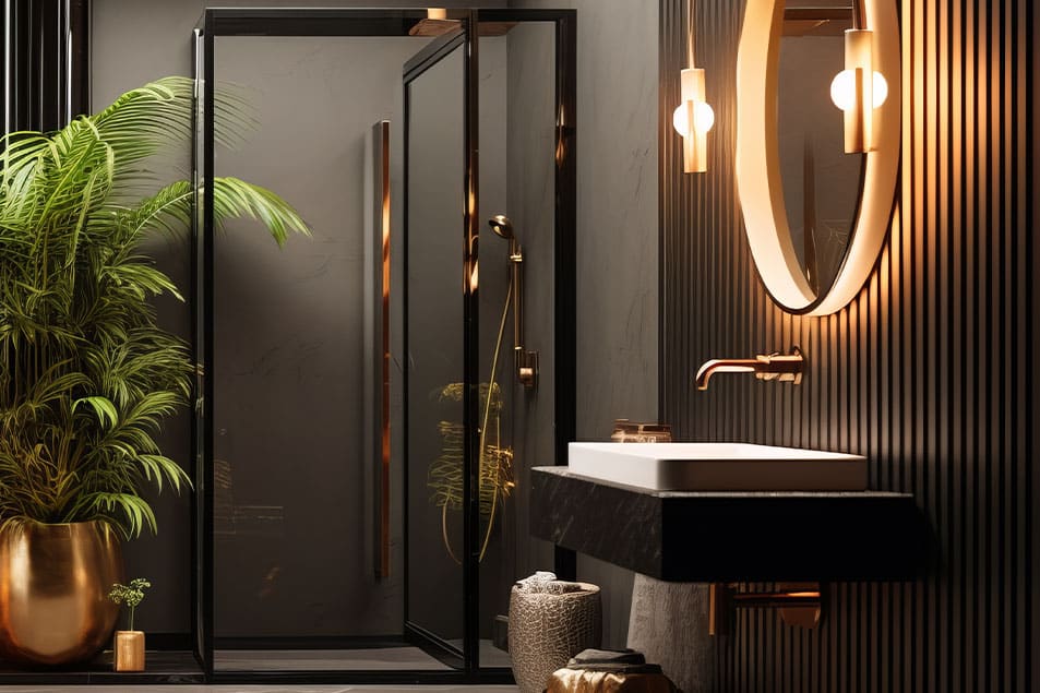 black shower screens gold tapware