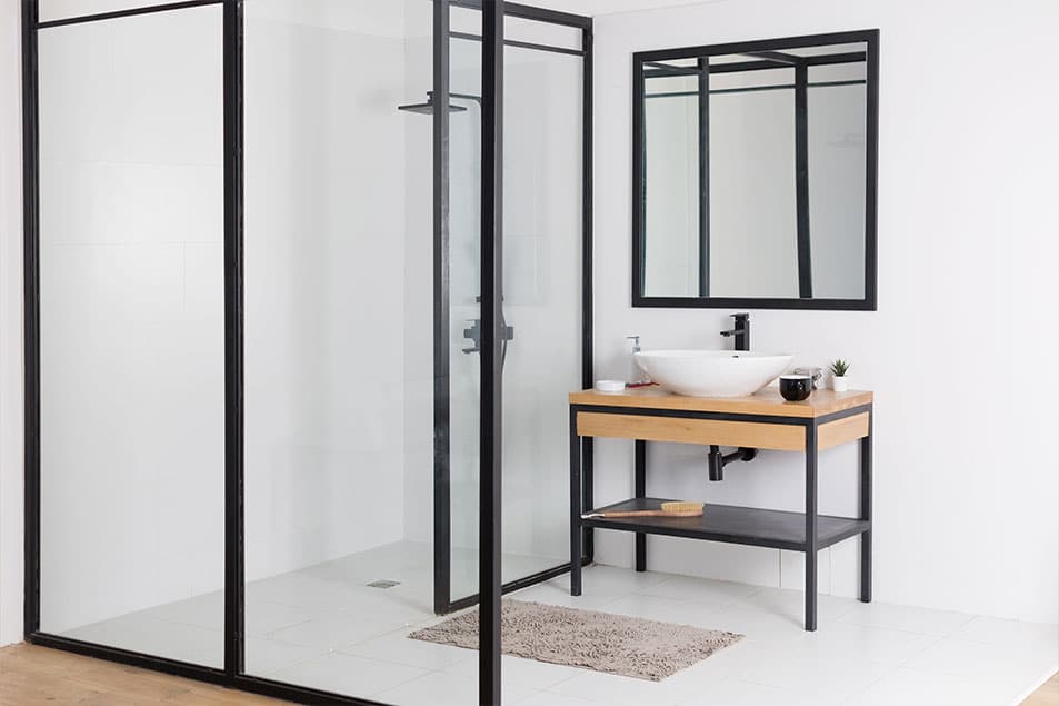 black shower screens white tiles